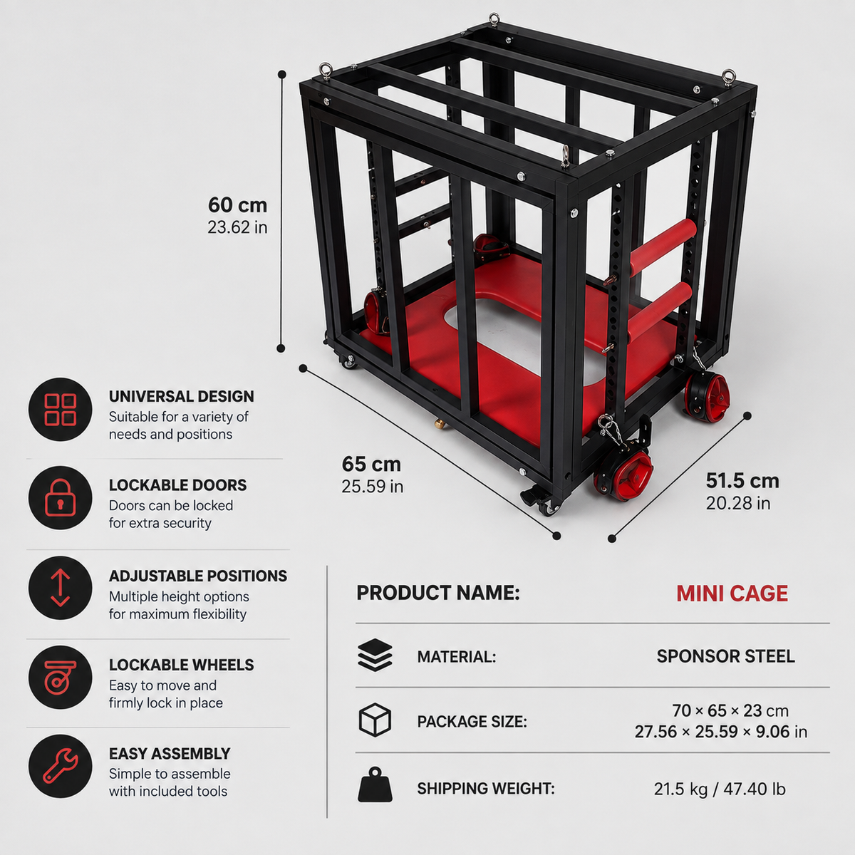 Cage BDSM premium sur roulettes – Cage de bondage en acier avec verrouillage