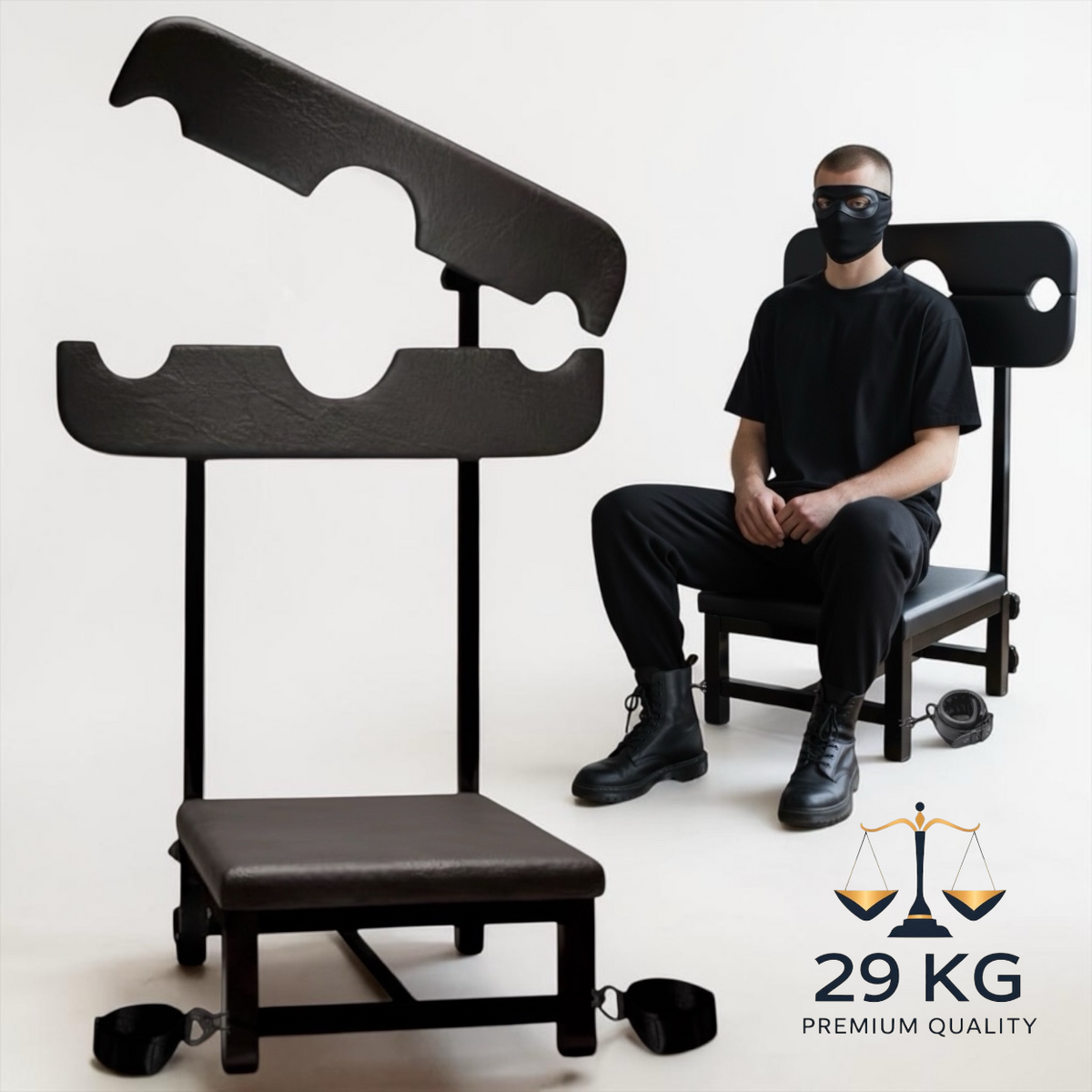 Chaise de punition BDSM premium – Chaise de bondage en acier avec fixation du cou et des poignets